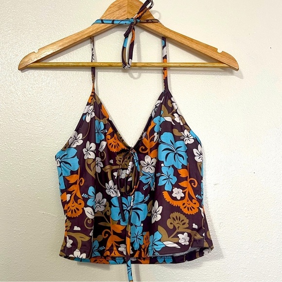 Brown/Blue/Orange Halter Floral Hawaiin Print Crop Top Size Medium - Picture 1 of 4